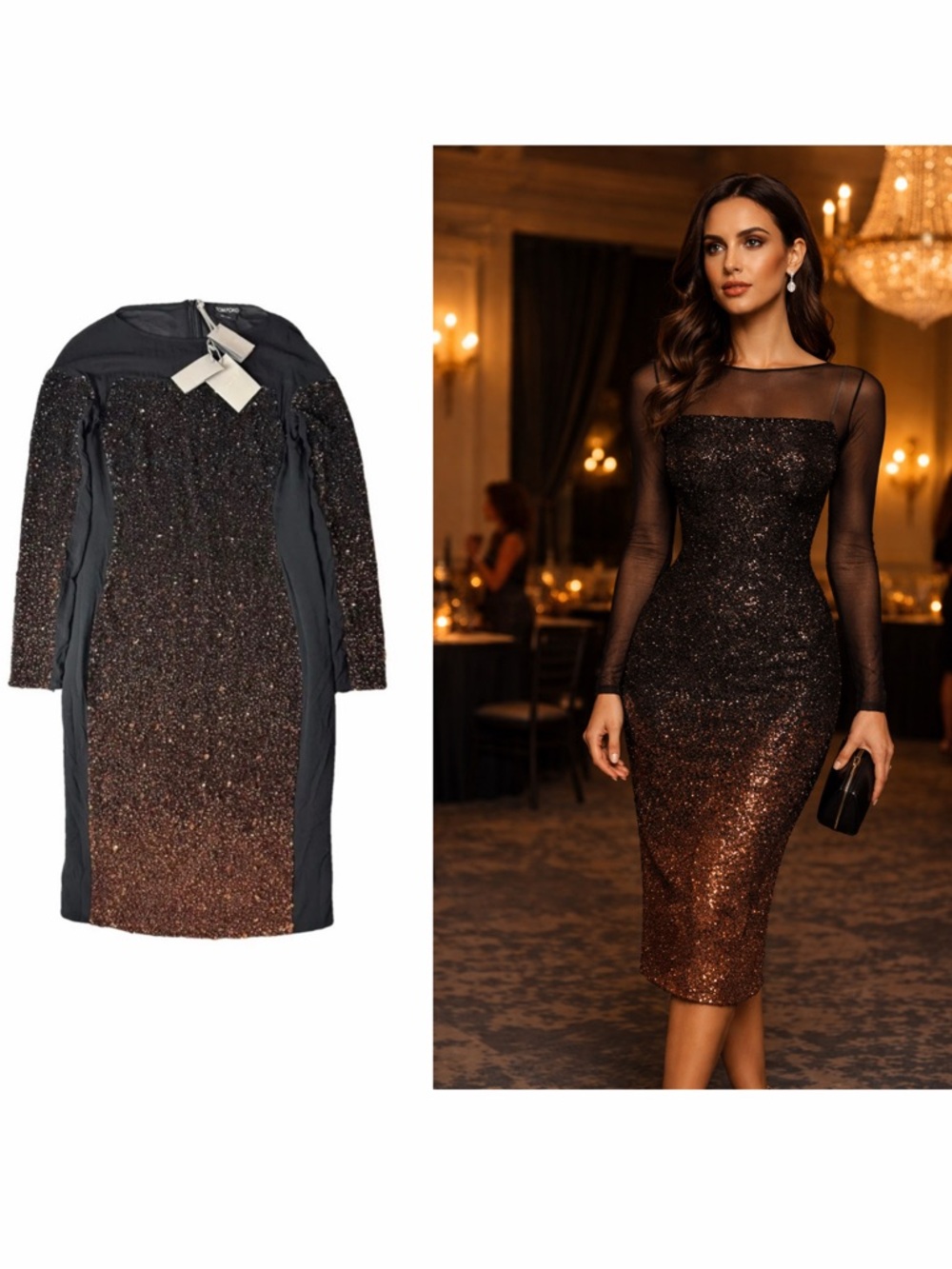 Tom Ford Black Copper Midi Dress Sequin Ombre 6 Cocktail Wedding Guest Party 🟡